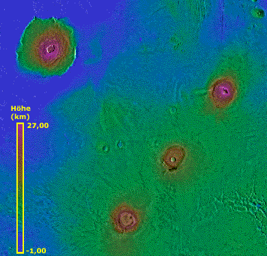 Drei Riesenvulkane als Tharsis Montes und Olympus Mons (Anklicken für Großansicht)